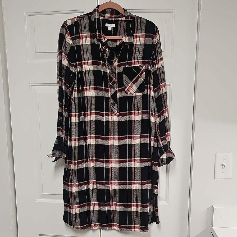 J. Jill Plaid Shirt Dress Roll Tab Long Sleeves Size Large With Pockets
